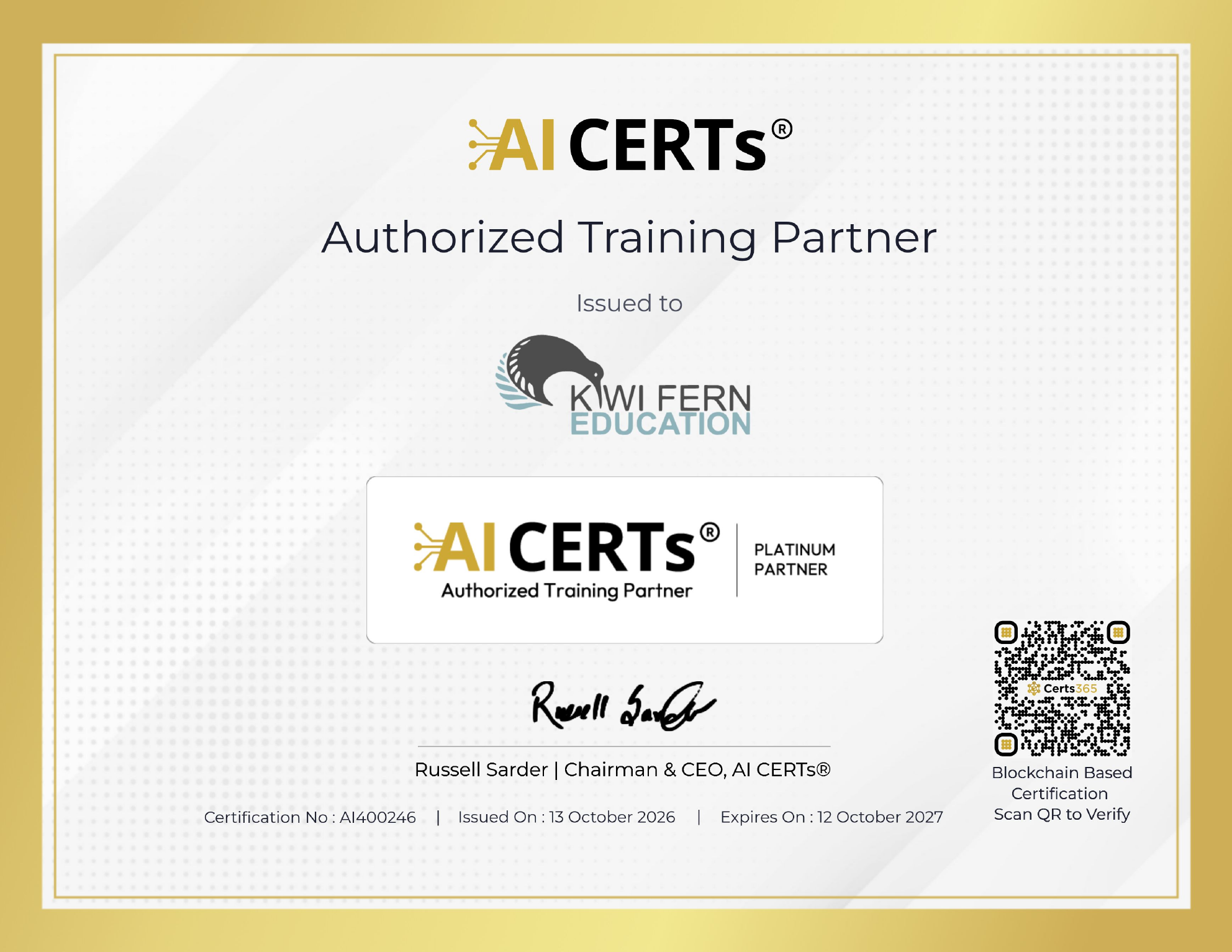 AI CERTs Authorised Training Partner certificate issued to Kiwi Fern Education